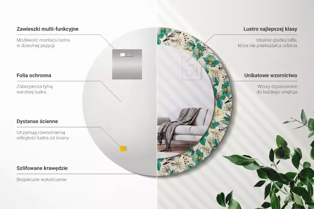 Kerek tükör fali dísz Virágok és madarak