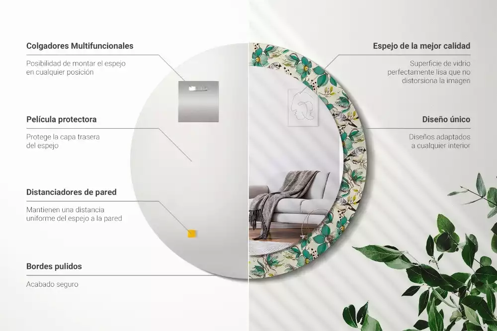 Kerek tükör fali dísz Virágok és madarak