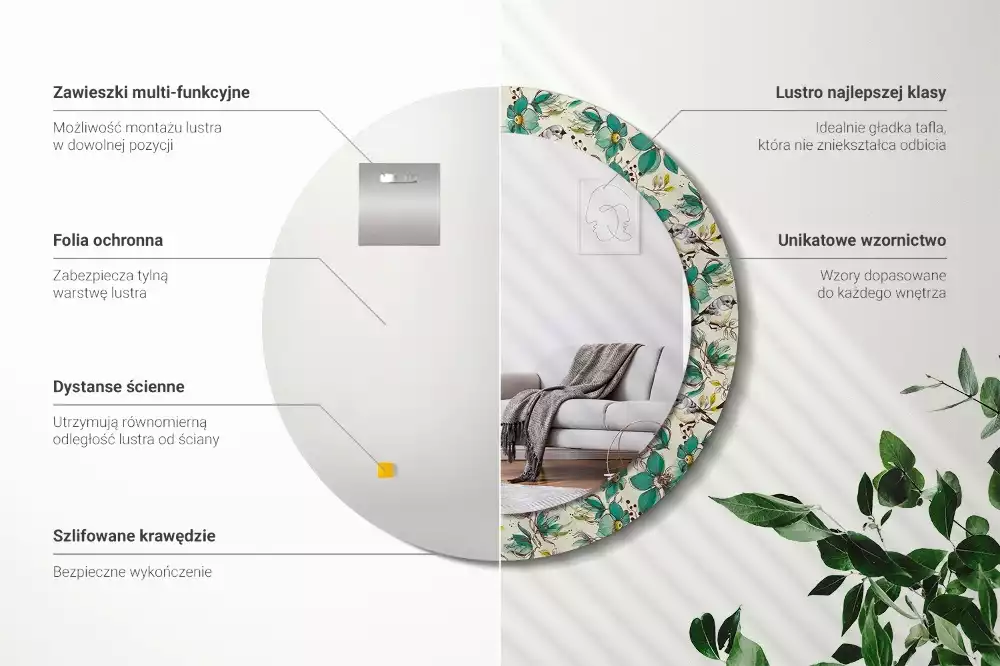 Kerek tükör fali dísz Virágok és madarak