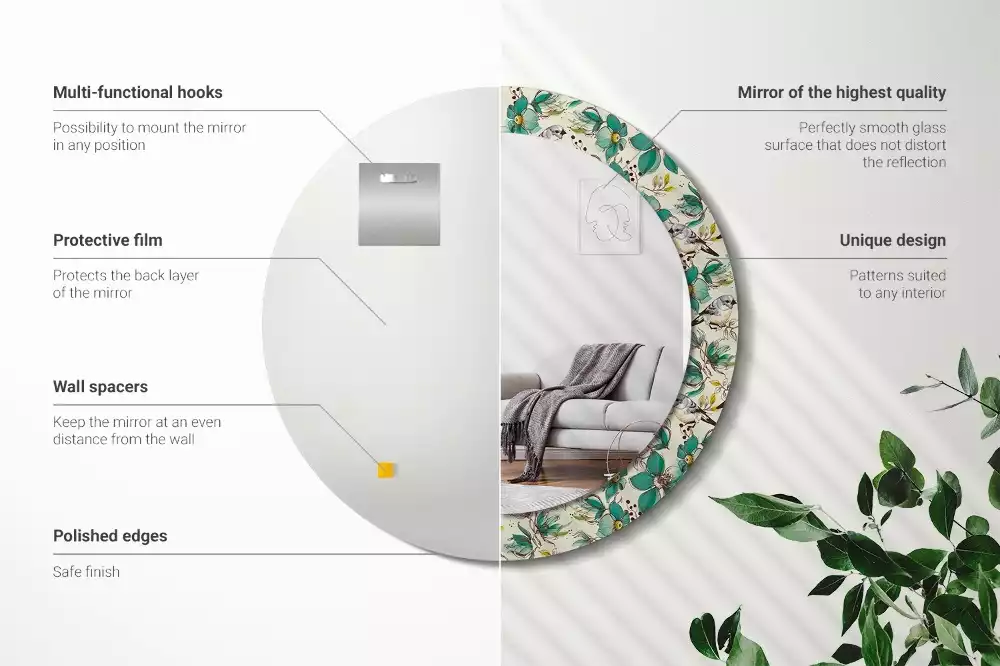 Kerek tükör fali dísz Virágok és madarak