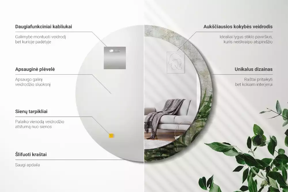 Kerek tükör fali dísz Páfránylevél