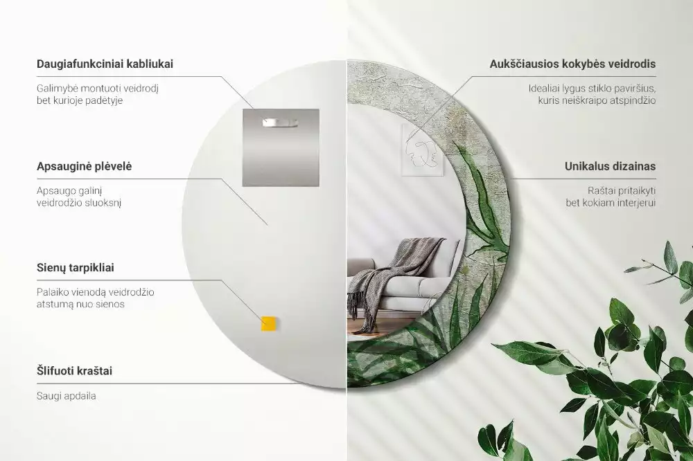 Kerek tükör fali dísz Páfránylevél