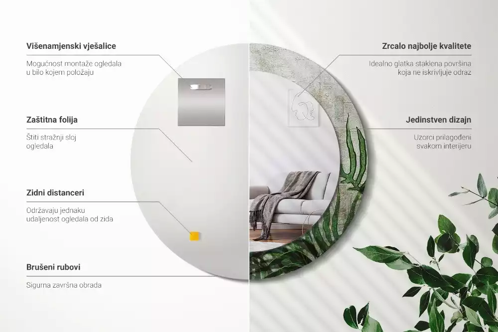 Kerek tükör fali dísz Páfránylevél