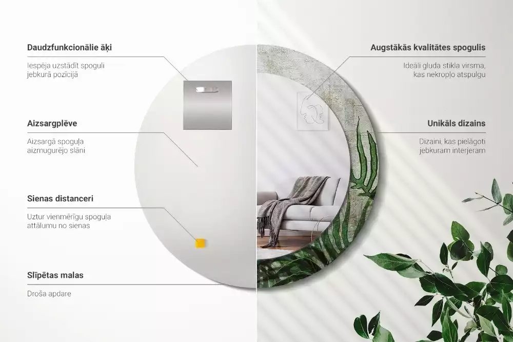 Kerek tükör fali dísz Páfránylevél