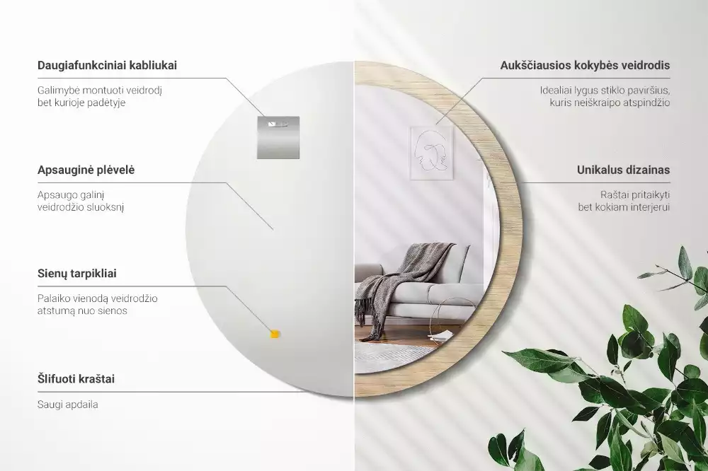 Kerek tükör fali dísz Világos fa