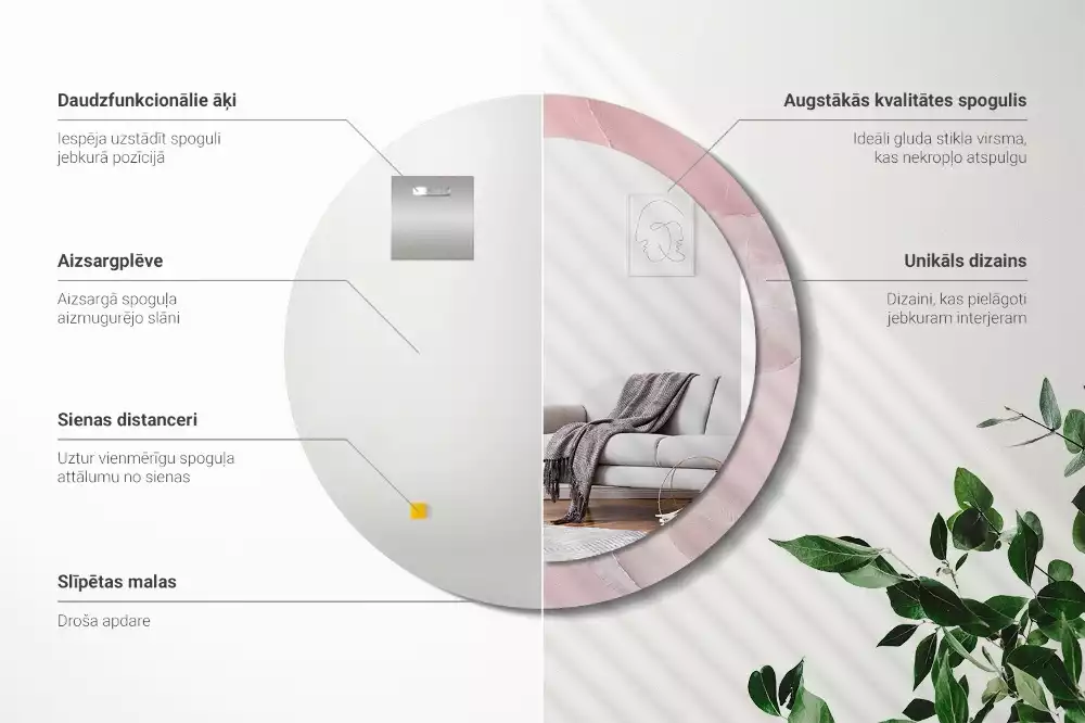 Kerek tükör fali dísz Rózsaszín kő