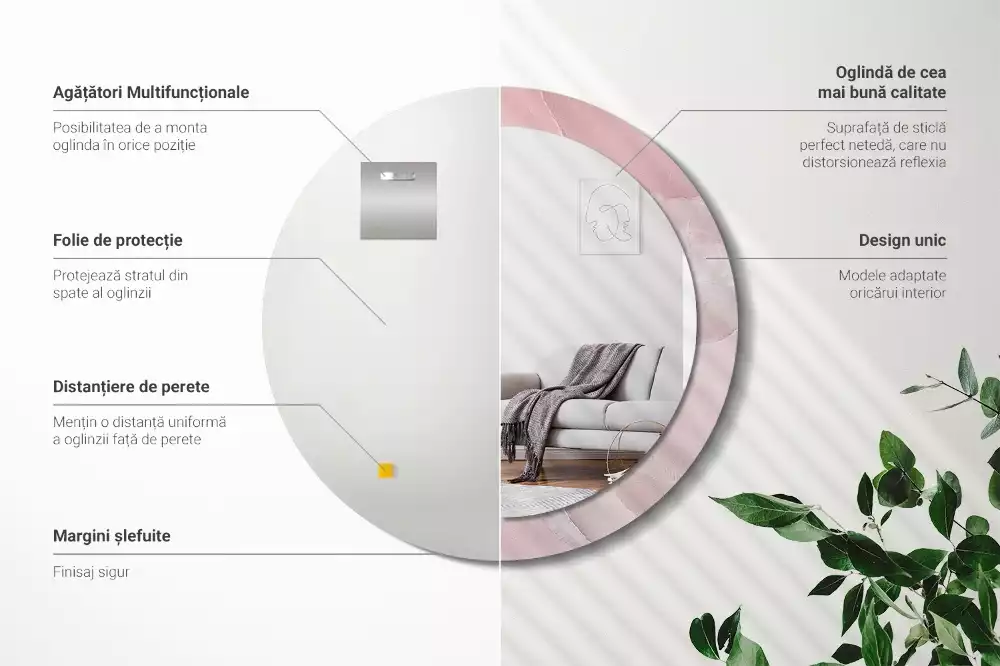 Kerek tükör fali dísz Rózsaszín kő