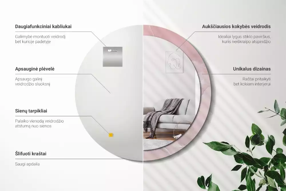 Kerek tükör fali dísz Rózsaszín kő