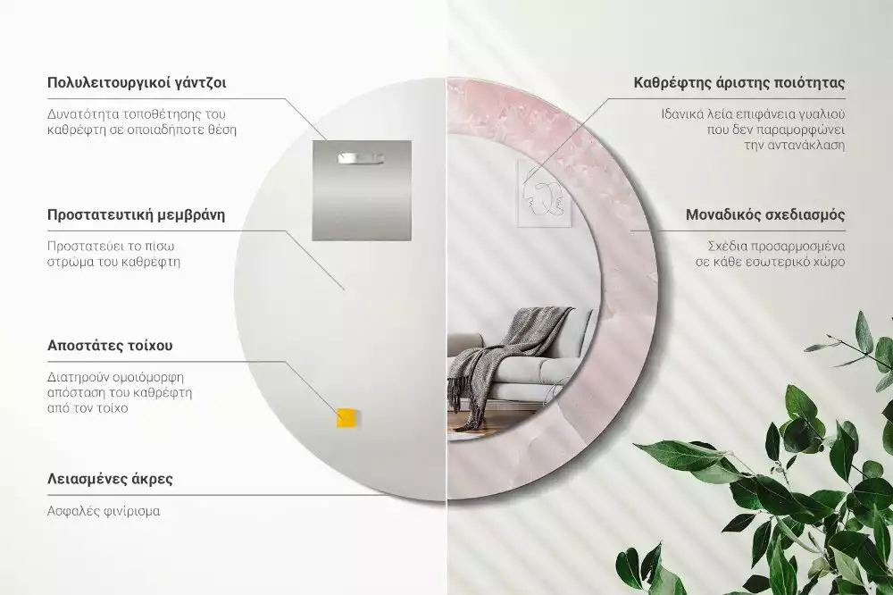 Kerek tükör fali dísz Rózsaszín kő