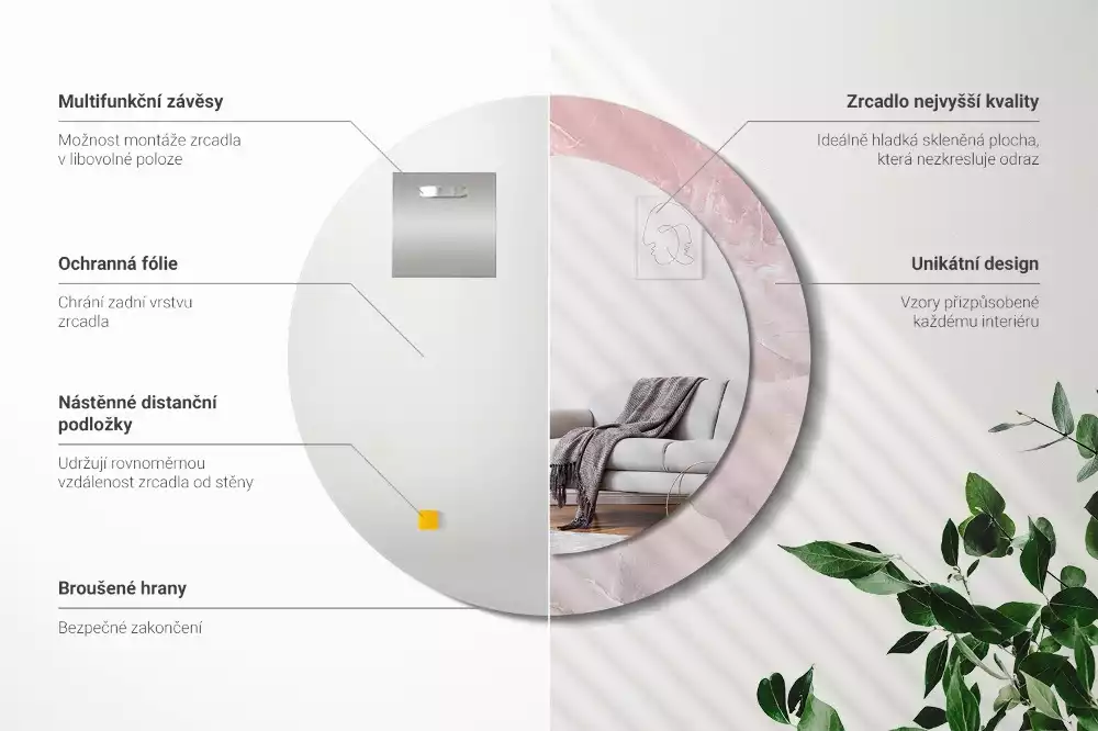 Kerek tükör fali dísz Rózsaszín kő