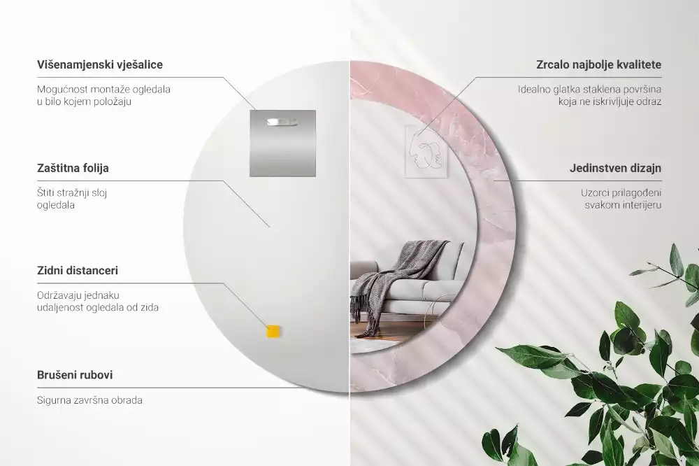 Kerek tükör fali dísz Rózsaszín kő