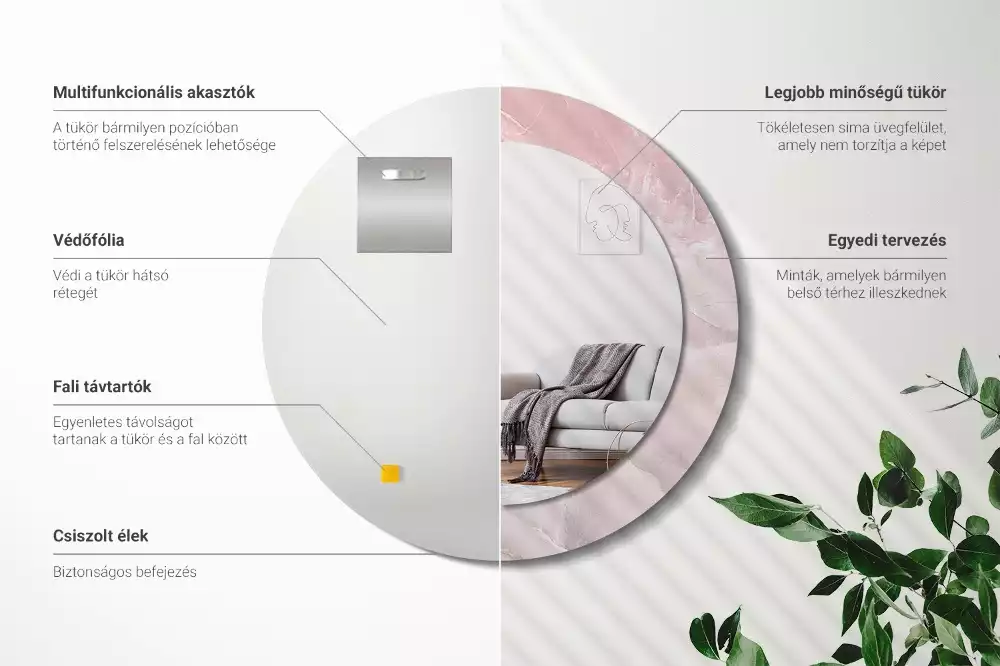 Kerek tükör fali dísz Rózsaszín kő