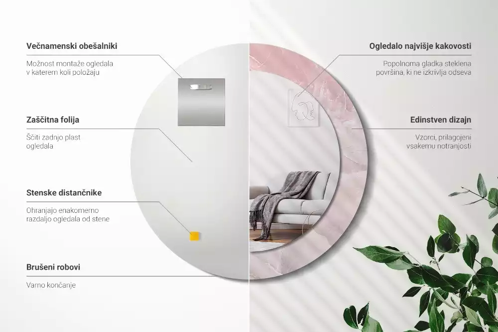 Kerek tükör fali dísz Rózsaszín kő