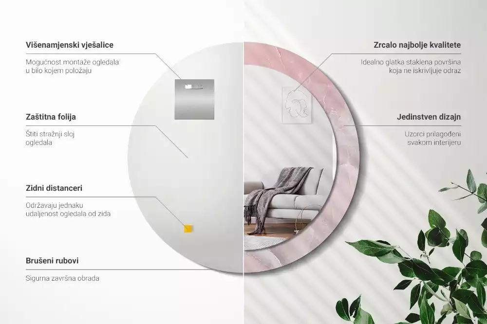 Kerek tükör fali dísz Rózsaszín kő