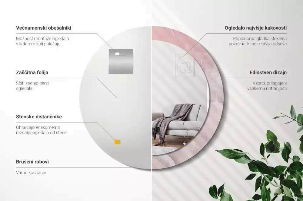 Kerek tükör fali dísz Rózsaszín kő