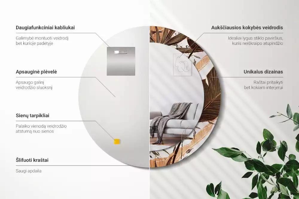 Kerek tükör fali dísz Pálma levelek