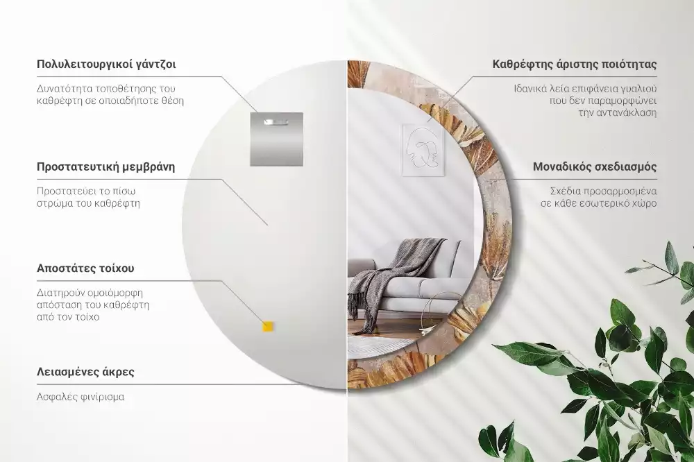 Kerek tükör fali dísz Boho levelek