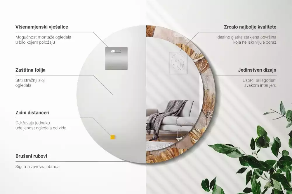 Kerek tükör fali dísz Boho levelek