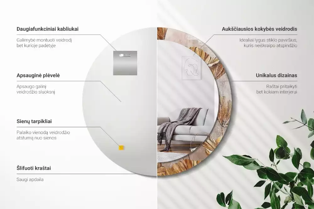Kerek tükör fali dísz Boho levelek