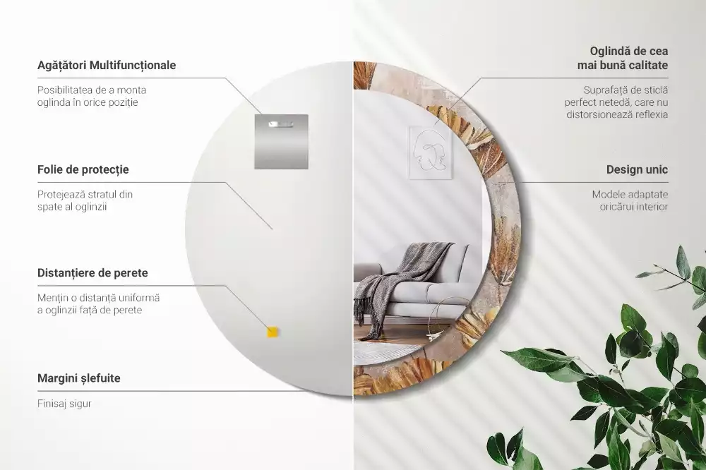 Kerek tükör fali dísz Boho levelek