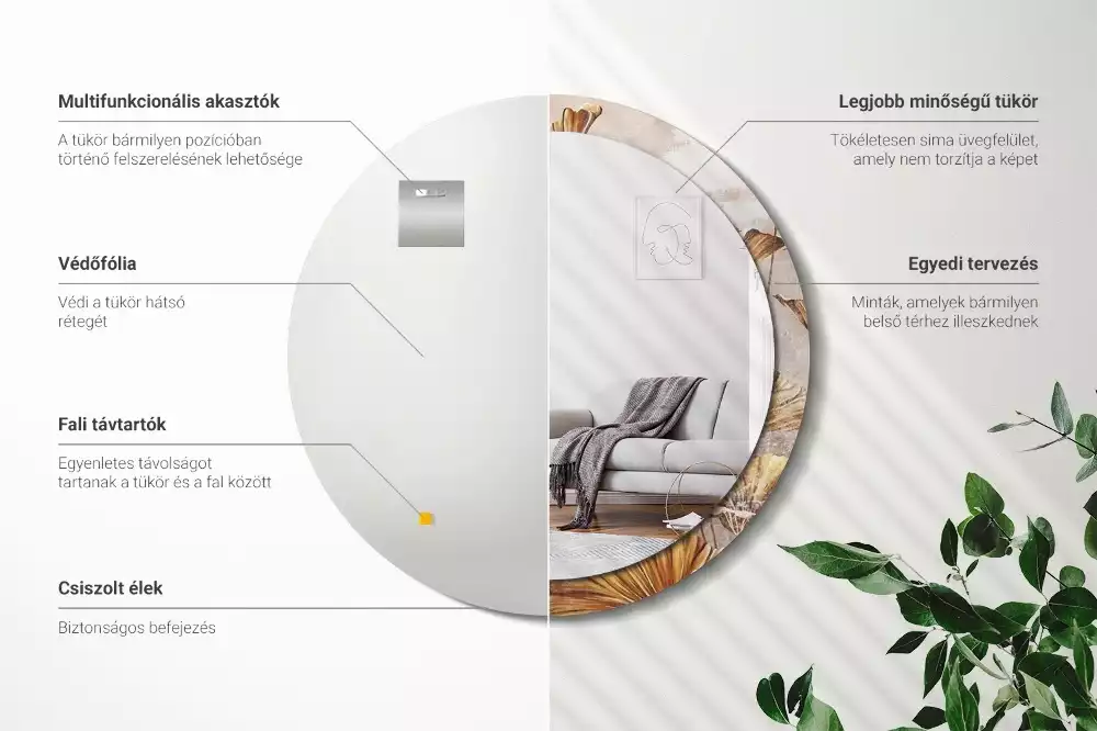 Kerek tükör fali dísz Boho levelek