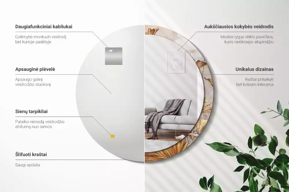 Kerek tükör fali dísz Boho levelek