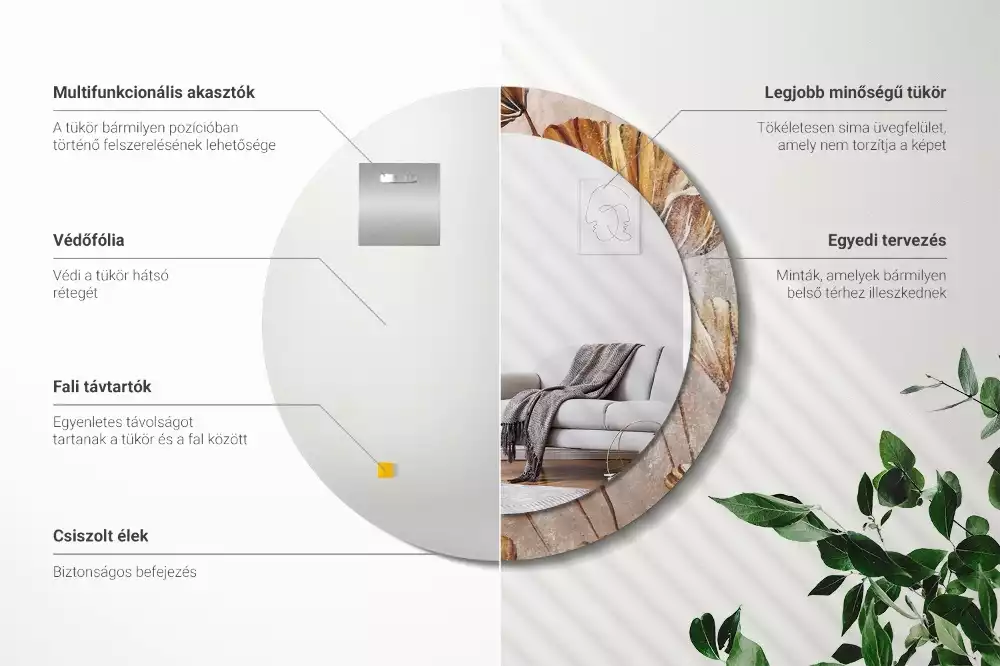 Kerek tükör fali dísz Boho levelek