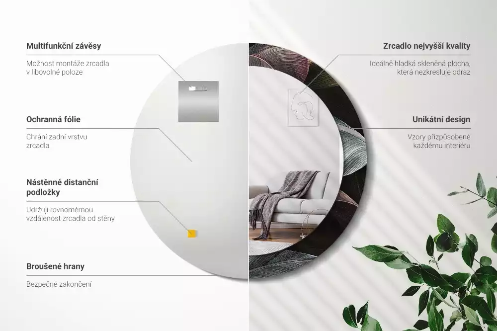 Kerek tükör fali dísz Sötét trópusi levelek