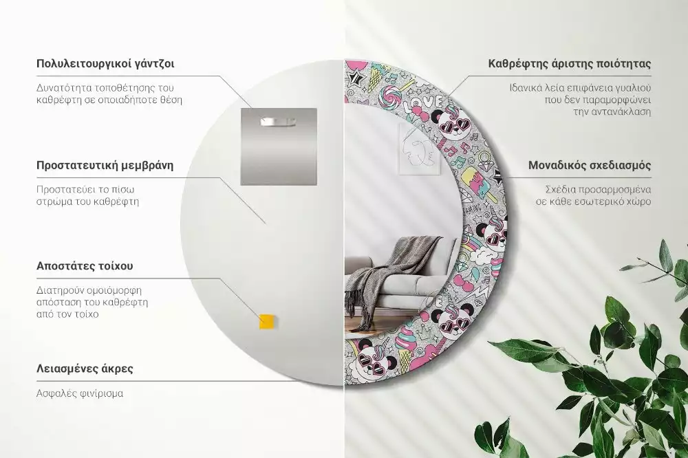 Kerek tükör fali dísz Panda unikornis