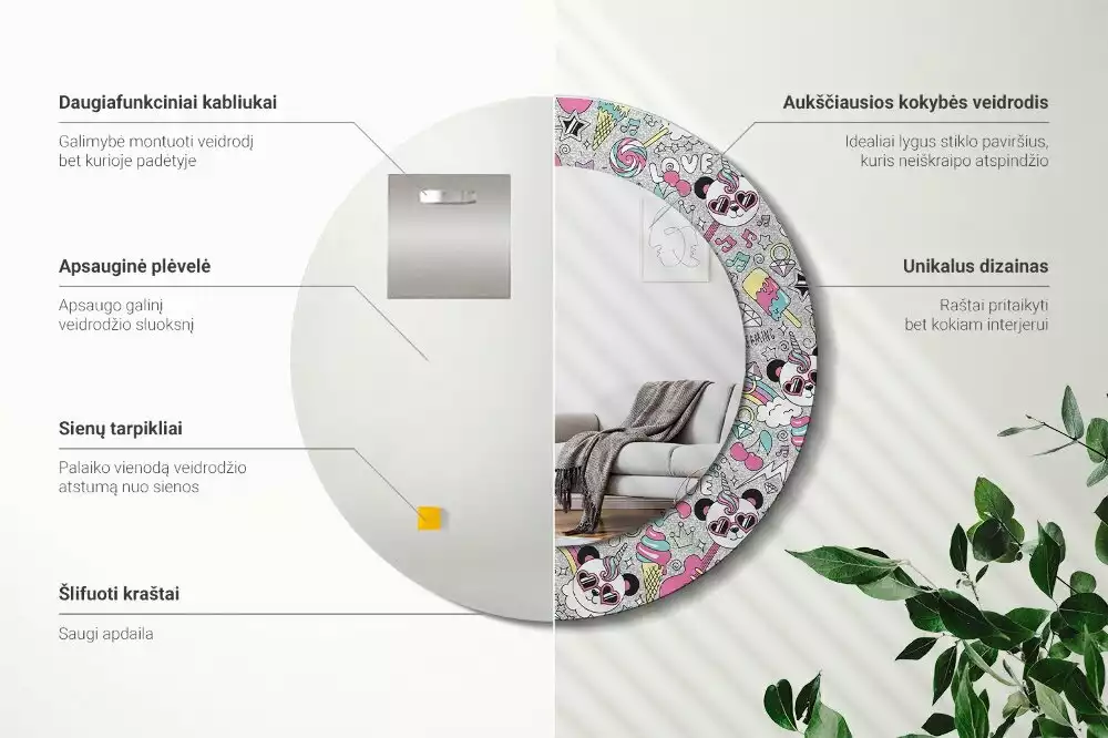 Kerek tükör fali dísz Panda unikornis