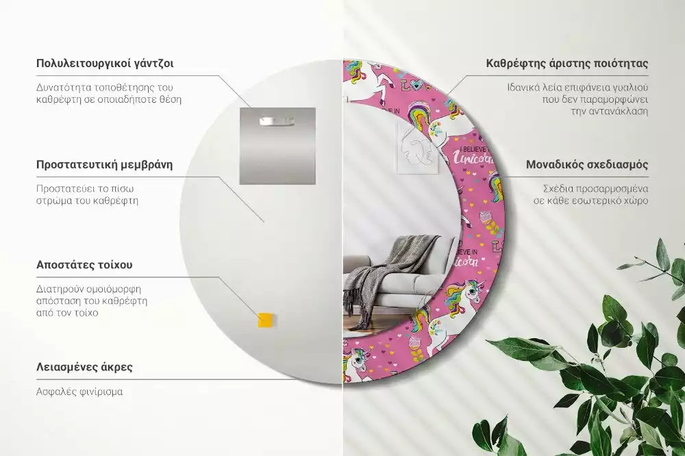 Kerek tükör fali dísz Varázslatos egyszarvú