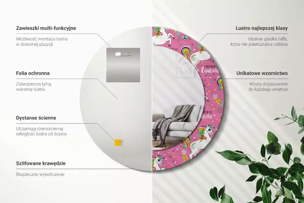 Kerek tükör fali dísz Varázslatos egyszarvú