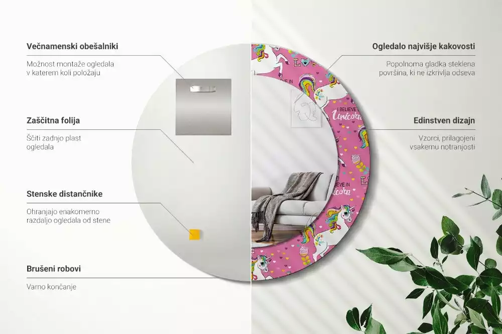 Kerek tükör fali dísz Varázslatos egyszarvú