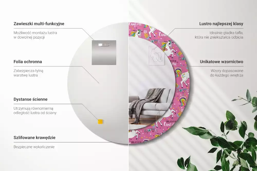 Kerek tükör fali dísz Varázslatos egyszarvú