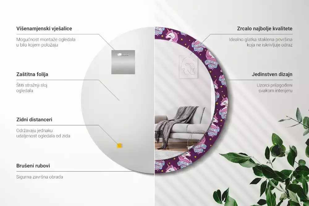 Kerek tükör fali dísz Csillag Unikornis