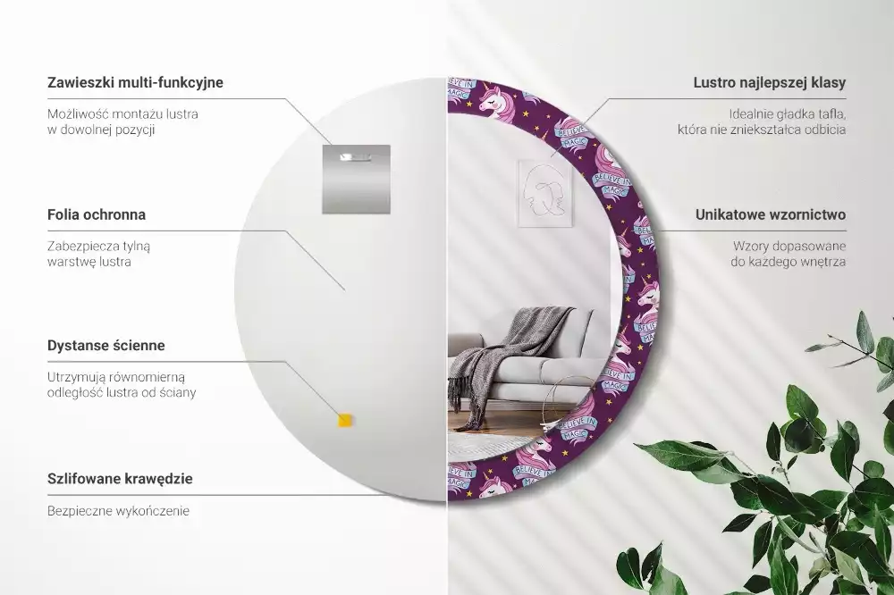 Kerek tükör fali dísz Csillag Unikornis