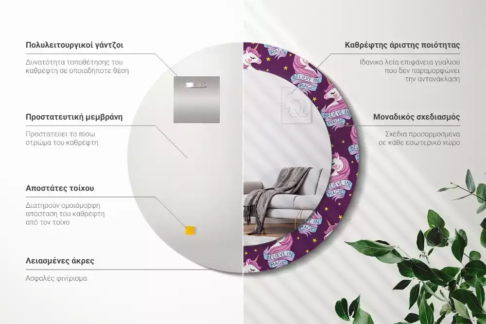 Kerek tükör fali dísz Csillag Unikornis