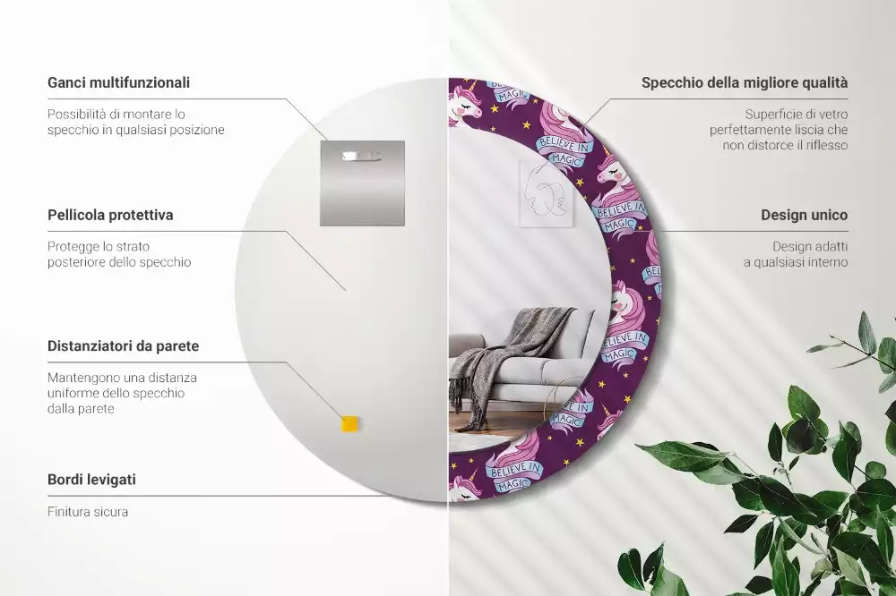 Kerek tükör fali dísz Csillag Unikornis