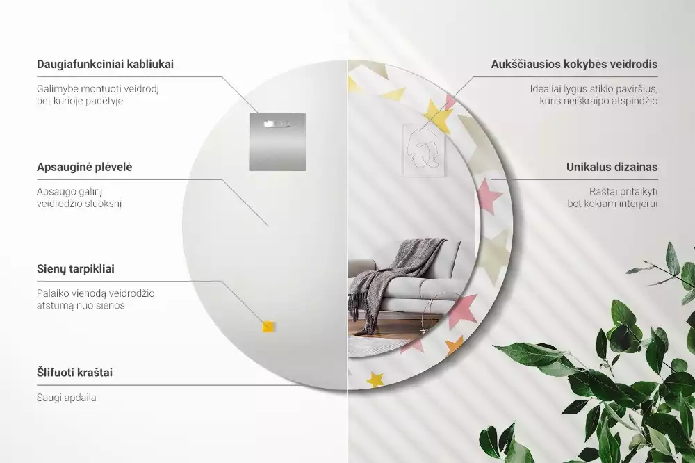 Kerek tükör fali dísz Pasztell csillagok