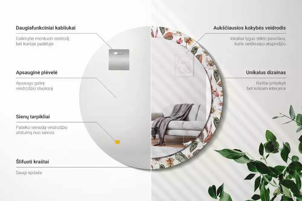 Kerek tükör fali dísz Vintage virágok