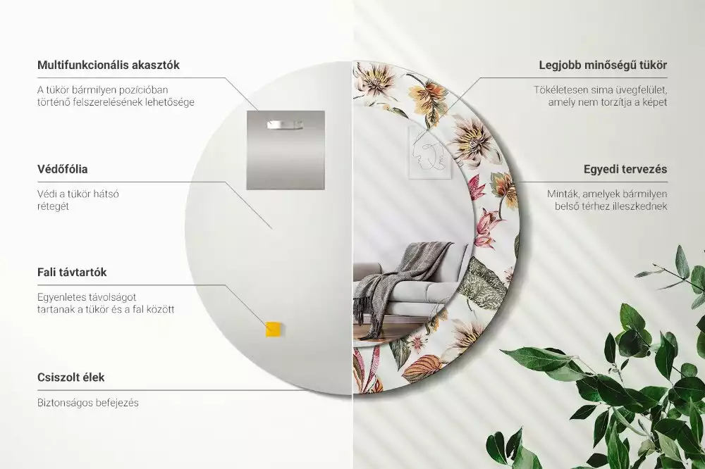 Kerek tükör fali dísz Vintage virágok