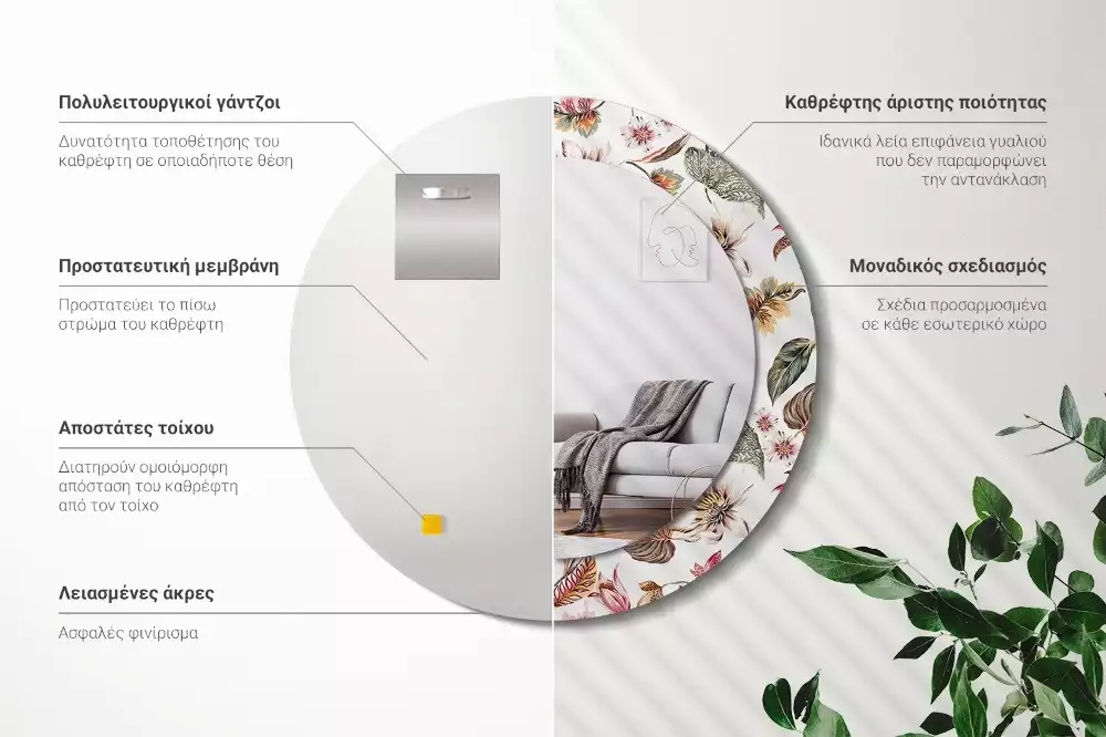 Kerek tükör fali dísz Vintage virágok