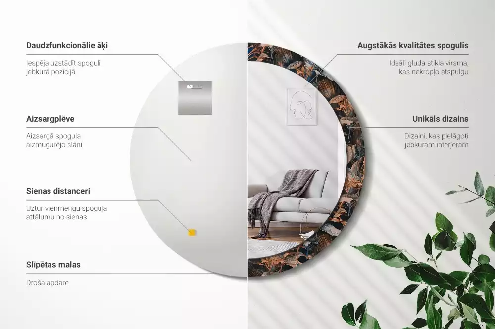 Kerek tükör fali dísz Sötét trópusi levelek