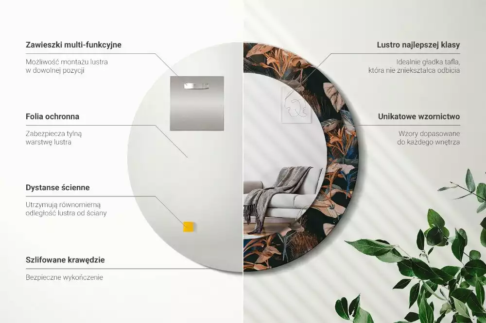 Kerek tükör fali dísz Sötét trópusi levelek