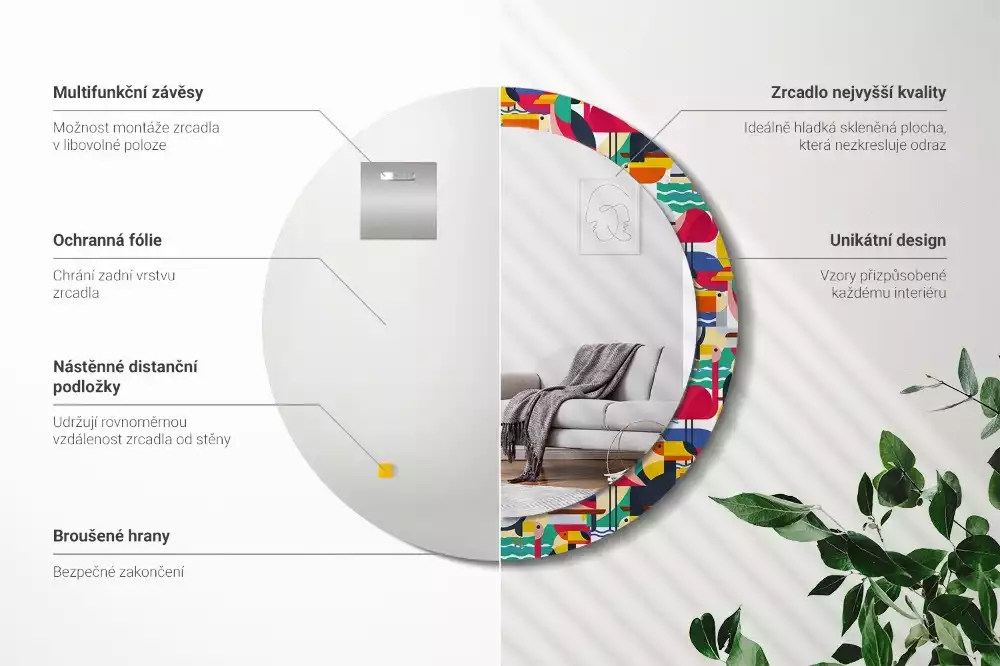 Kerek tükör fali dísz Geometrikus trópusi madarak
