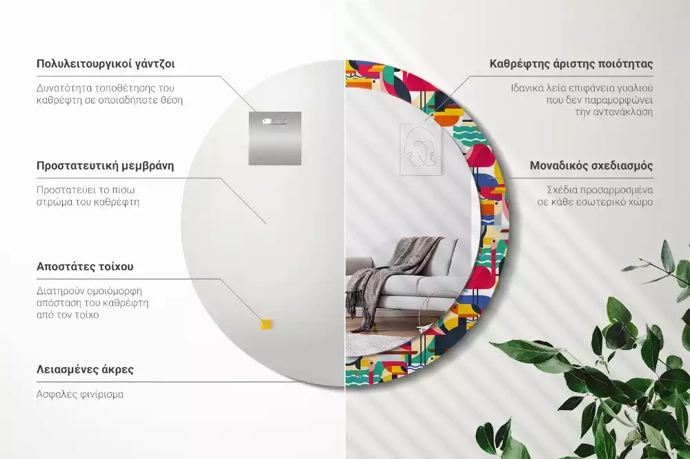Kerek tükör fali dísz Geometrikus trópusi madarak
