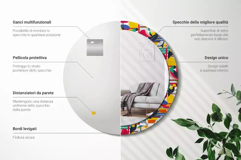 Kerek tükör fali dísz Geometrikus trópusi madarak