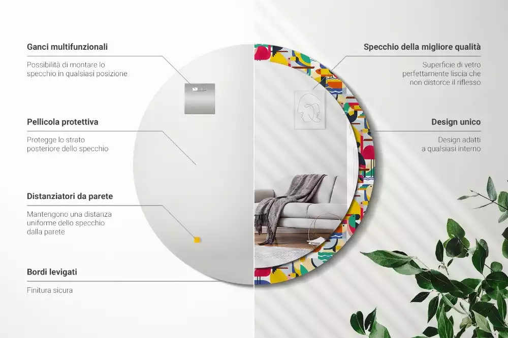 Kerek tükör fali dísz Geometrikus trópusi madarak