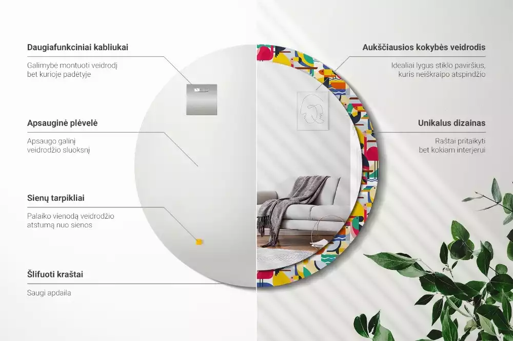 Kerek tükör fali dísz Geometrikus trópusi madarak