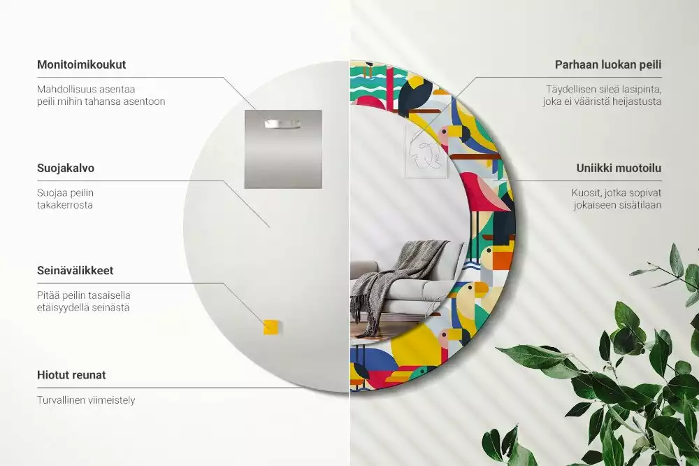 Kerek tükör fali dísz Geometrikus trópusi madarak